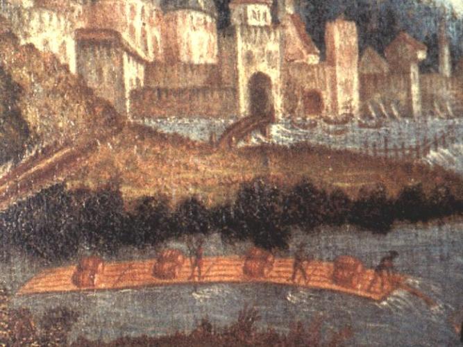 raft on the brenta river 1529 ca in chiesa parrocchiale di oliero by francesco da ponte la pieta con i santi rocco e sebastiano detail