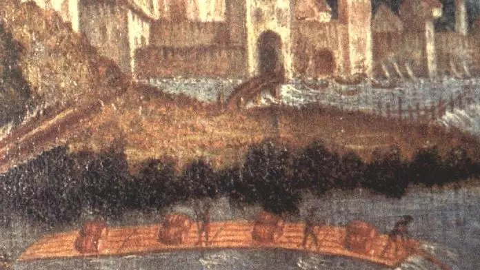 raft on the brenta river 1529 ca in chiesa parrocchiale di oliero by francesco da ponte la pieta con i santi rocco e sebastiano detail
