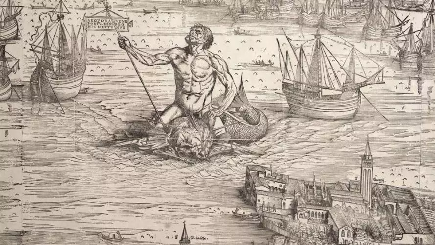 detail of neptune riding a sea monster on jacopo de barbaris six sheet view of venice